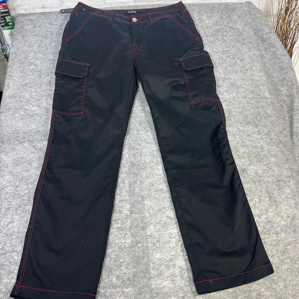 True Religion Mens Black Red Contrast Stitch Cargo Pants Straight Leg 34 NEW